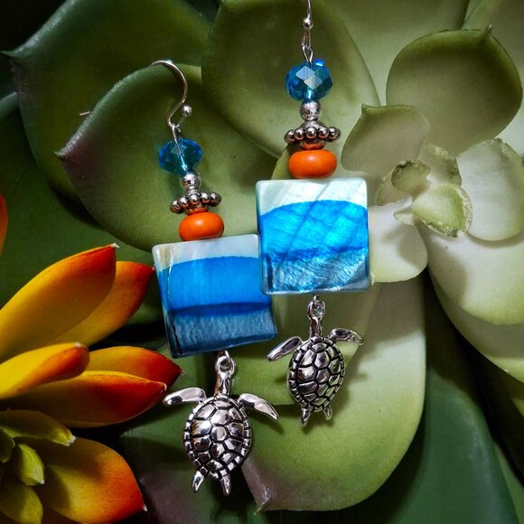 Artisan Hand Crafted Earrings, Turtles Silver Aqua Blue Orange Shell, Pierced - Picture 4 of 12